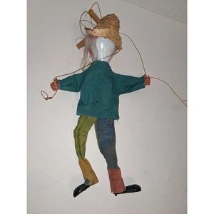 Vintage Antique Handmade 15" Clown Puppet Marionette Wooden Cloth